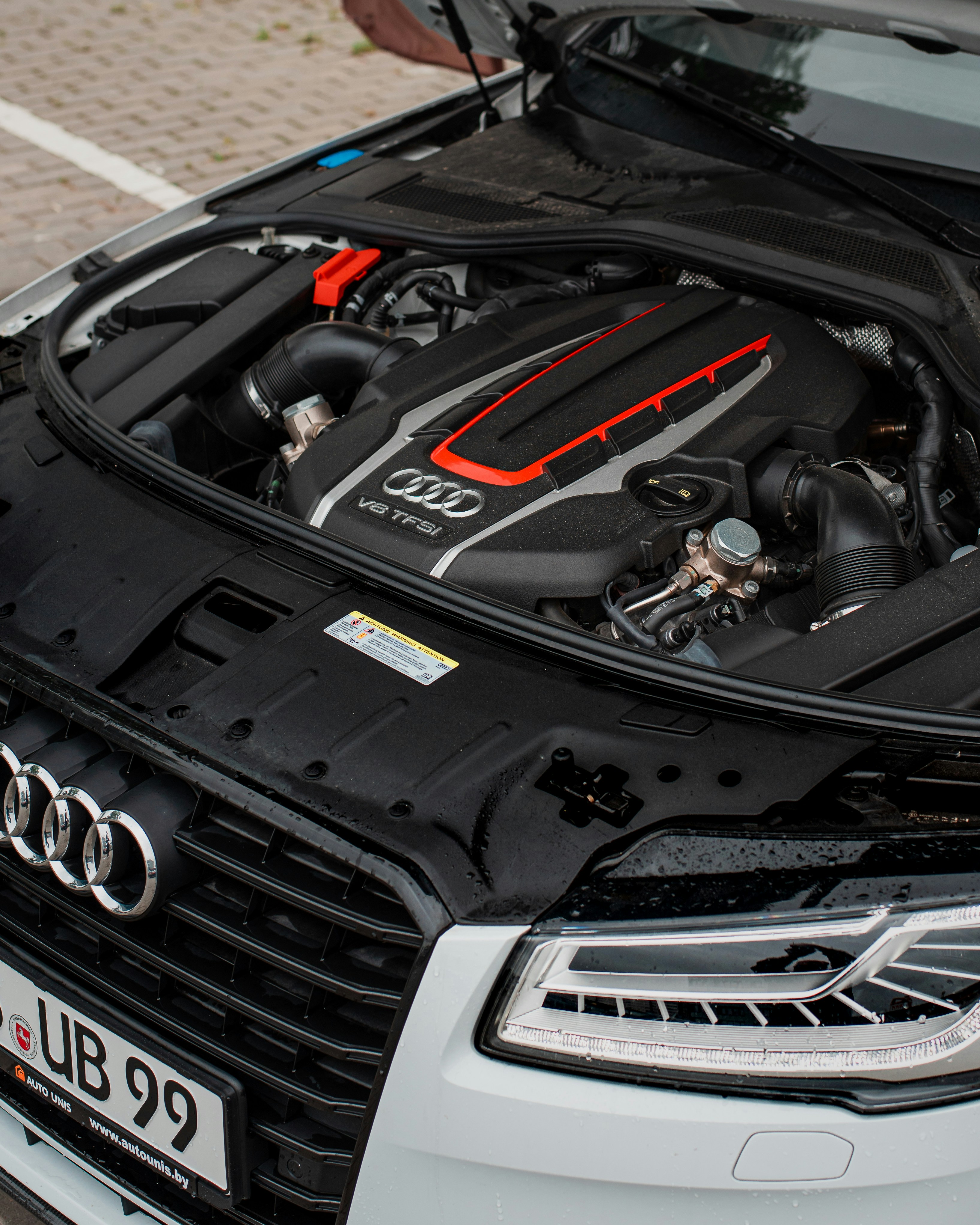 Audi V8 TFSI engine bay during inspection at The Audi Auto Specialist Simi Valley